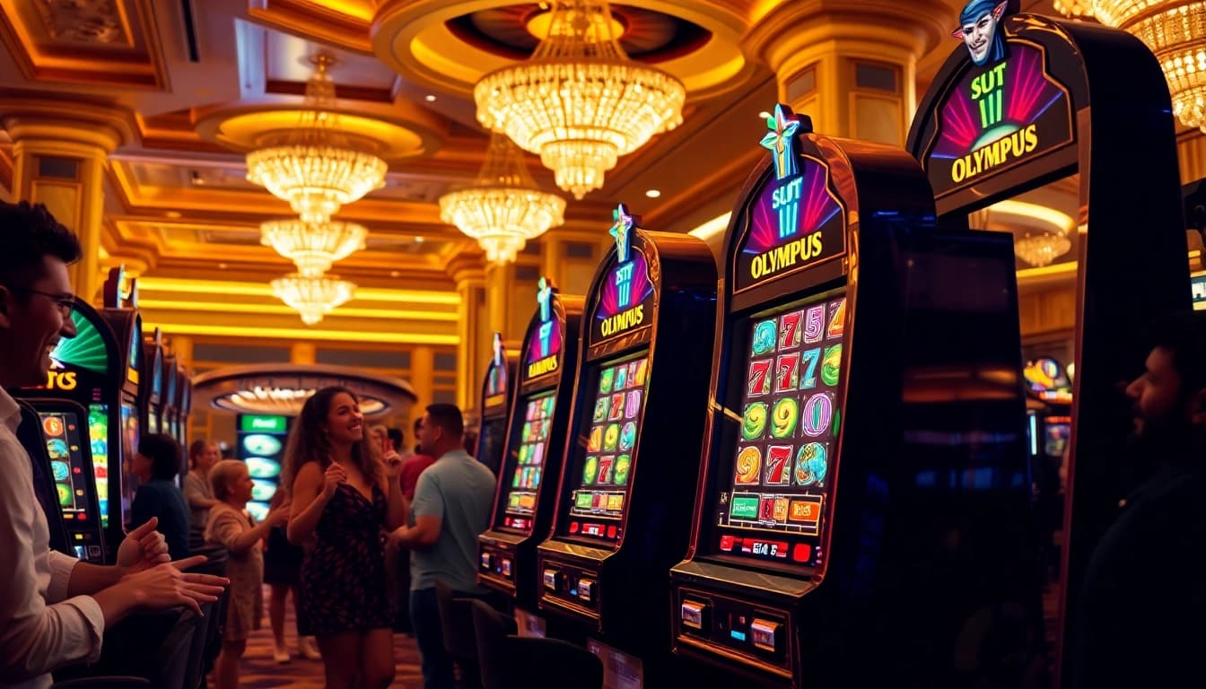 Players enjoying big wins at the Slot Olympus machine in a luxurious casino environment