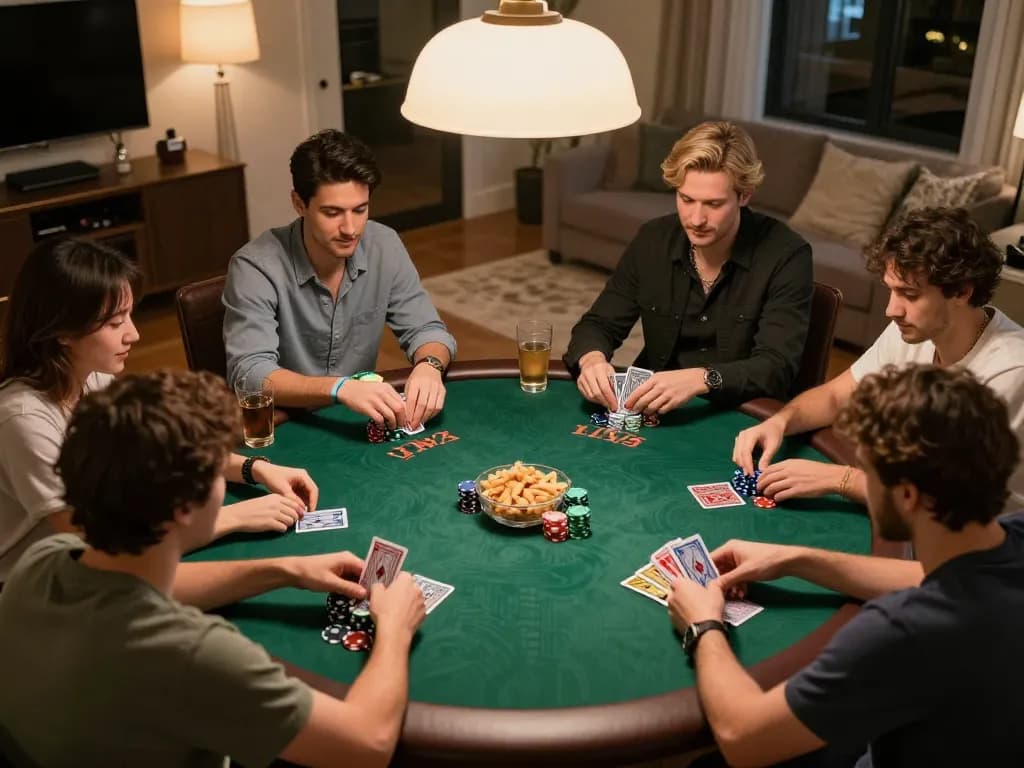 Participants enjoying a home poker night with friends while strategizing at the table on https://sc88.charity/.