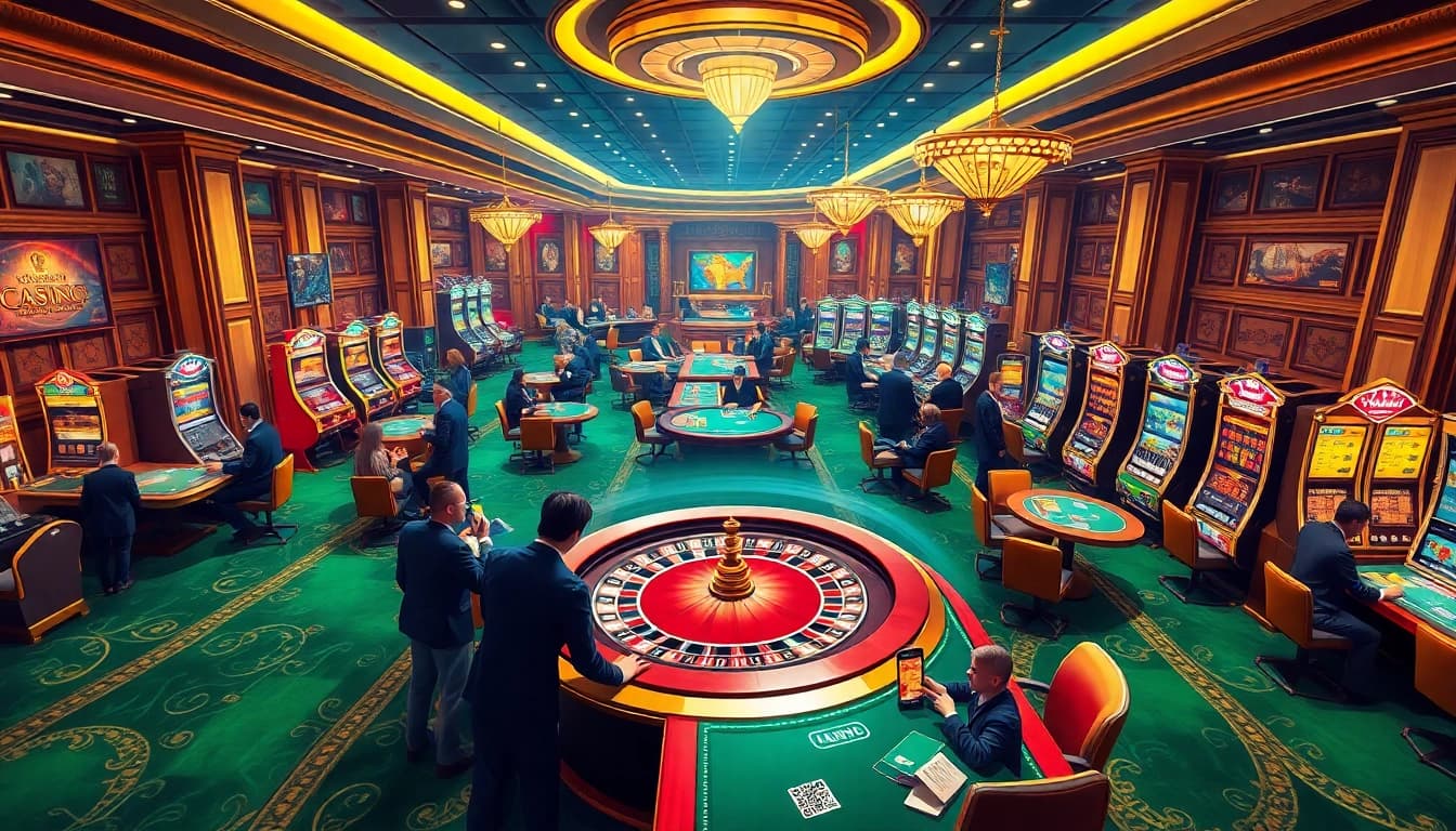 Experience the excitement of game bài đổi thưởng uy tín with players engaging in roulette and poker at a luxurious casino.