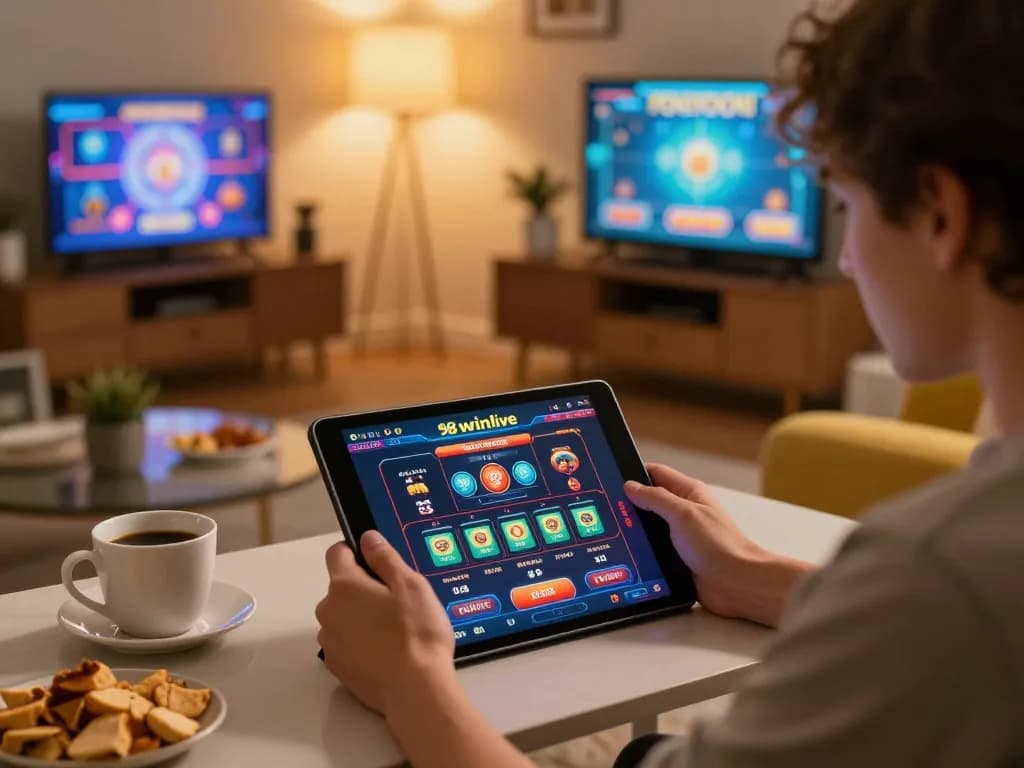 Player strategizing wins at 98winlive casino on the tablet in a cozy home setting