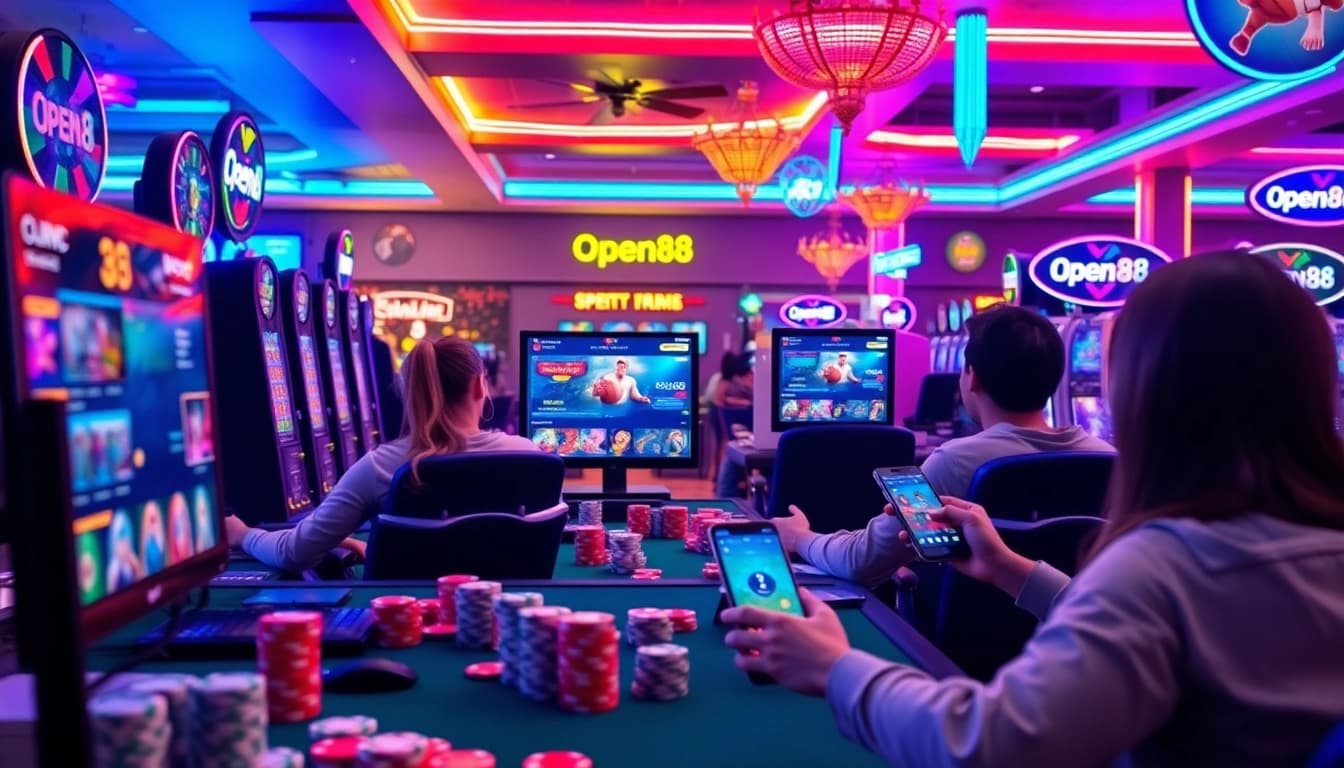 Link mới không chặn open88 - vibrant gaming scene showcasing Open88 interface and players engaged in gaming activities.