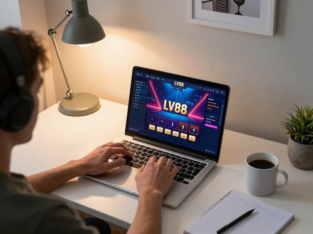 Engaging gameplay experience with LV88 online casino interface from a stylish home office setting