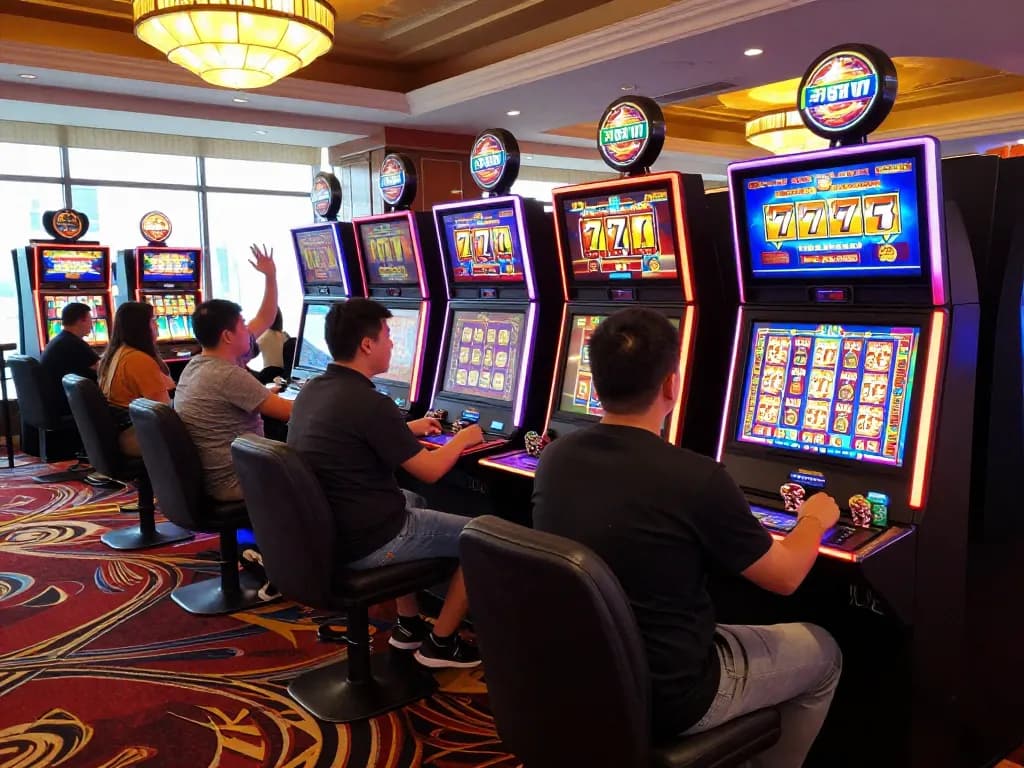 Excited players celebrating wins at SLOT 777 machines in a vibrant casino atmosphere.
