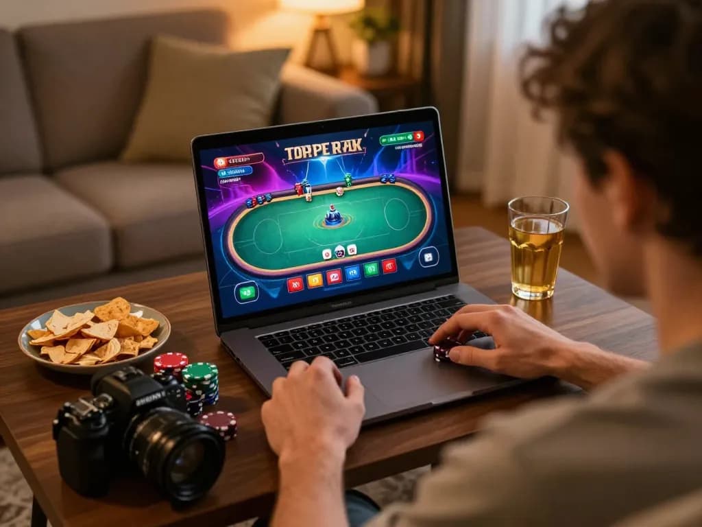 Player engaging with m108 poker game on laptop, showcasing strategic gameplay at home.
