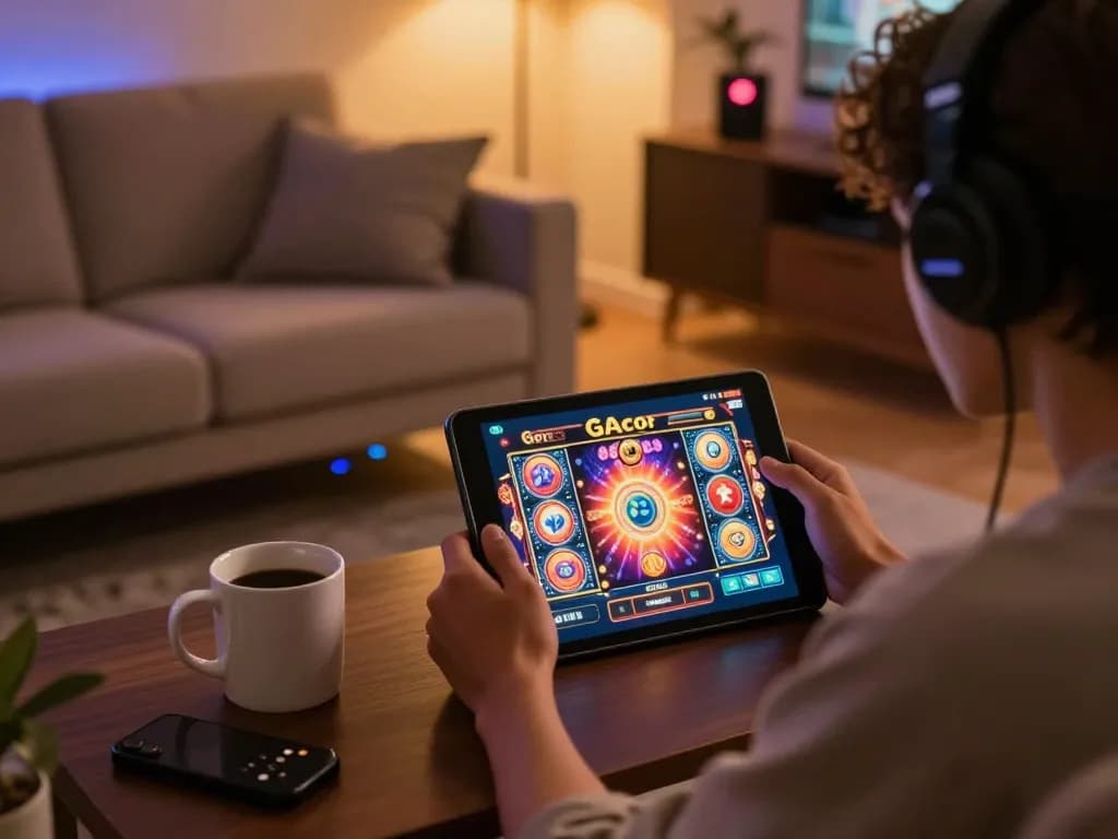 Engaging gameplay scene showcasing slot online gacor on a tablet while enjoying a cozy home atmosphere.