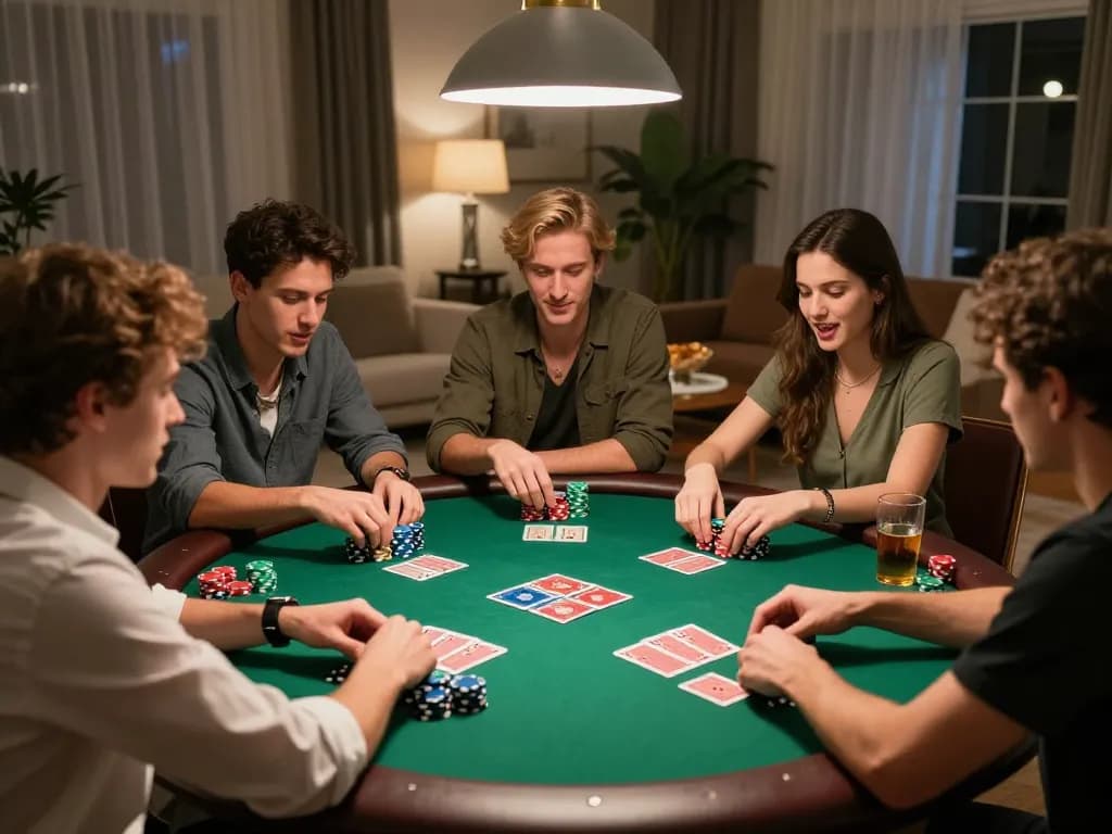 Friends playing poker during an exciting game night, showcasing IWIN68 strategies and camaraderie.