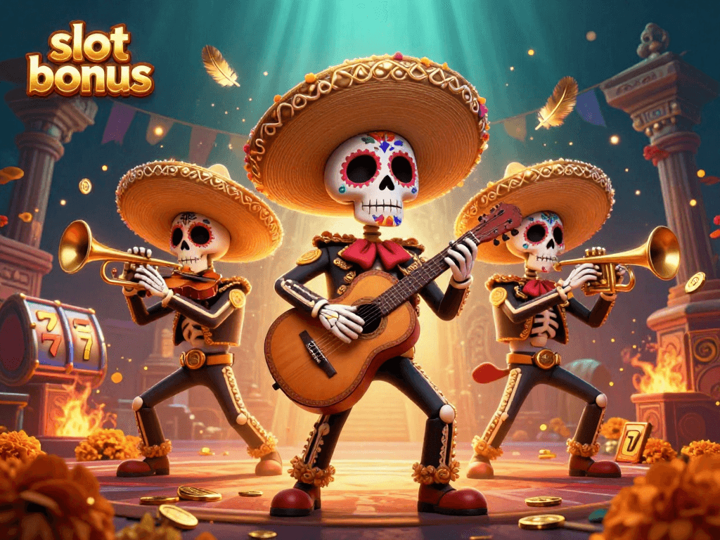 Engage in slot bonus excitement with a lively mariachi band amidst vibrant casino elements.