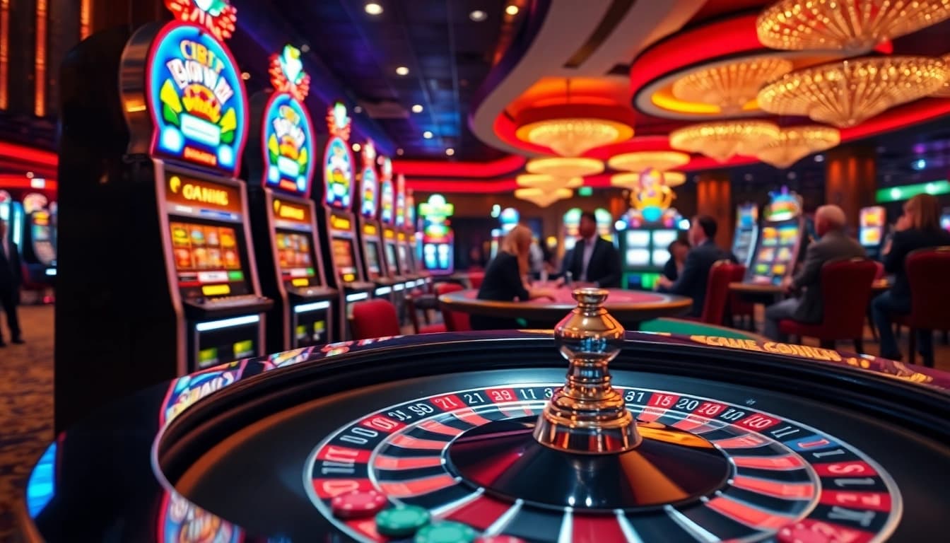 Engaging casino players enjoying Diwa777 slots amidst vibrant lights and excitement.