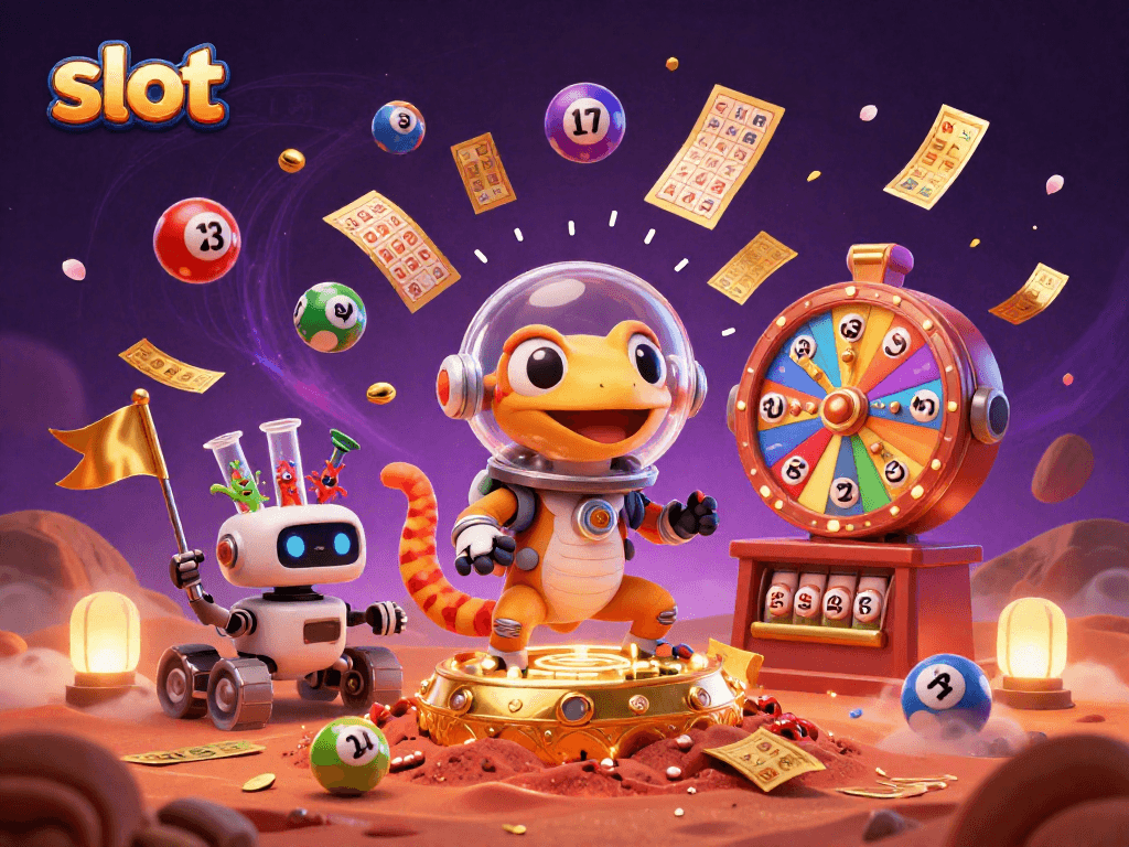 Spin the slots and win treasures while exploring a golden casino on Mars with colorful lottery elements.