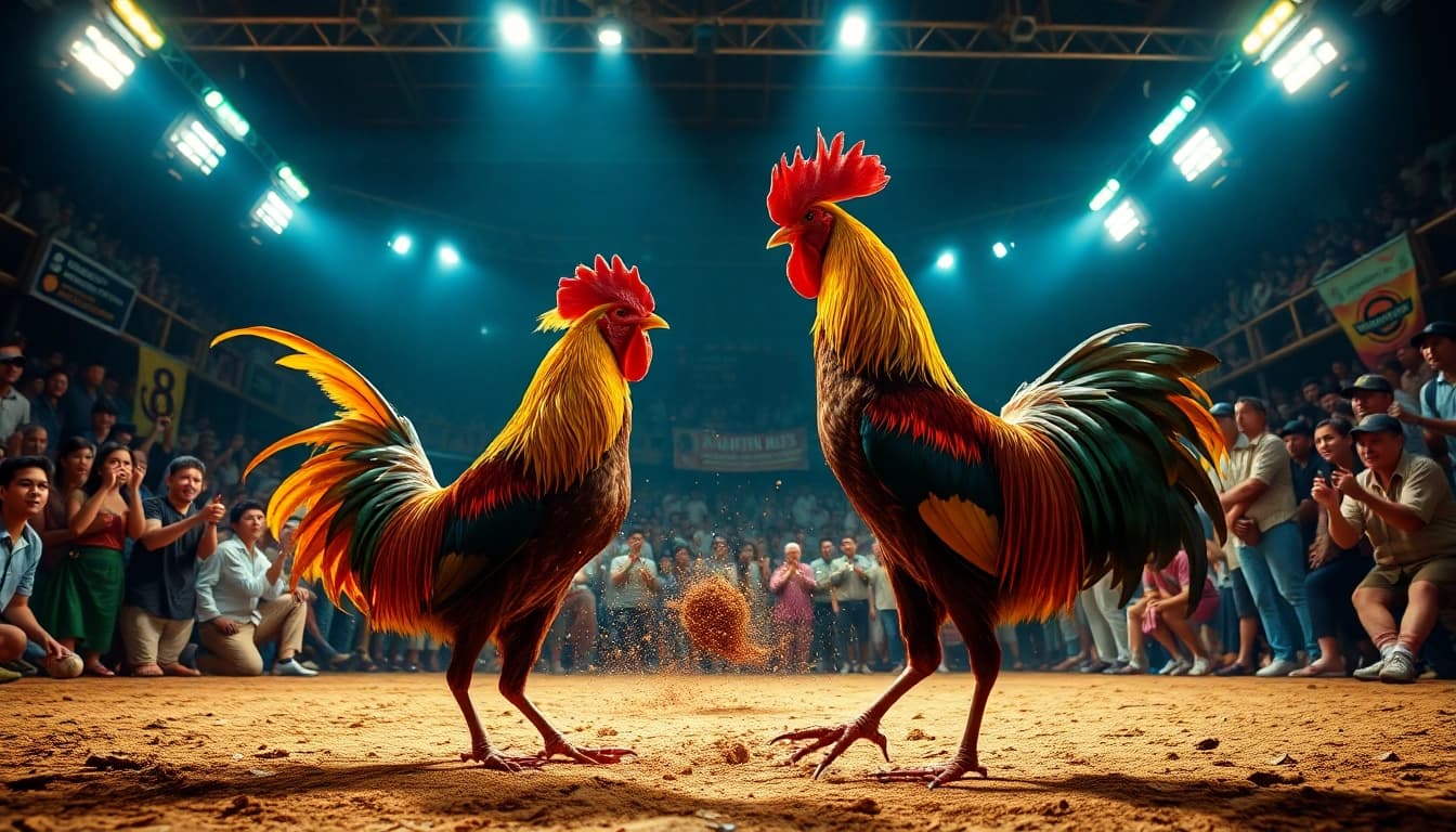 Live cockfight scene showcasing dagatructiep 1 with colorful roosters and an excited crowd.