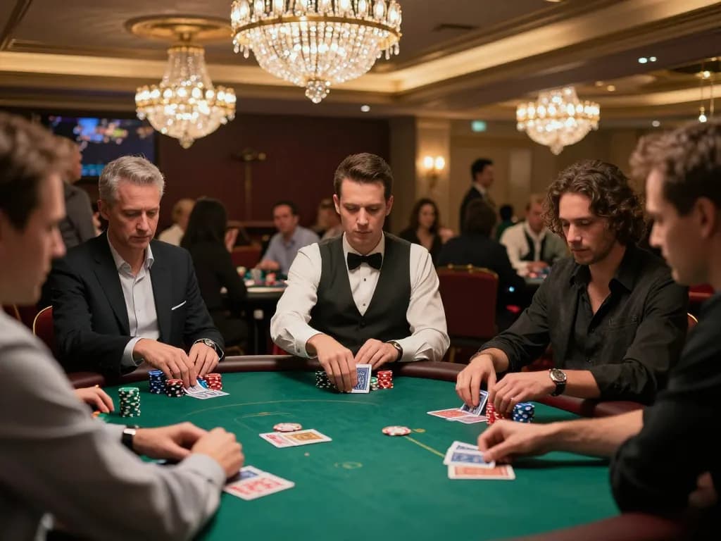 Players at GO8 casino engaged in intense poker game, chips in play and cards dealt.