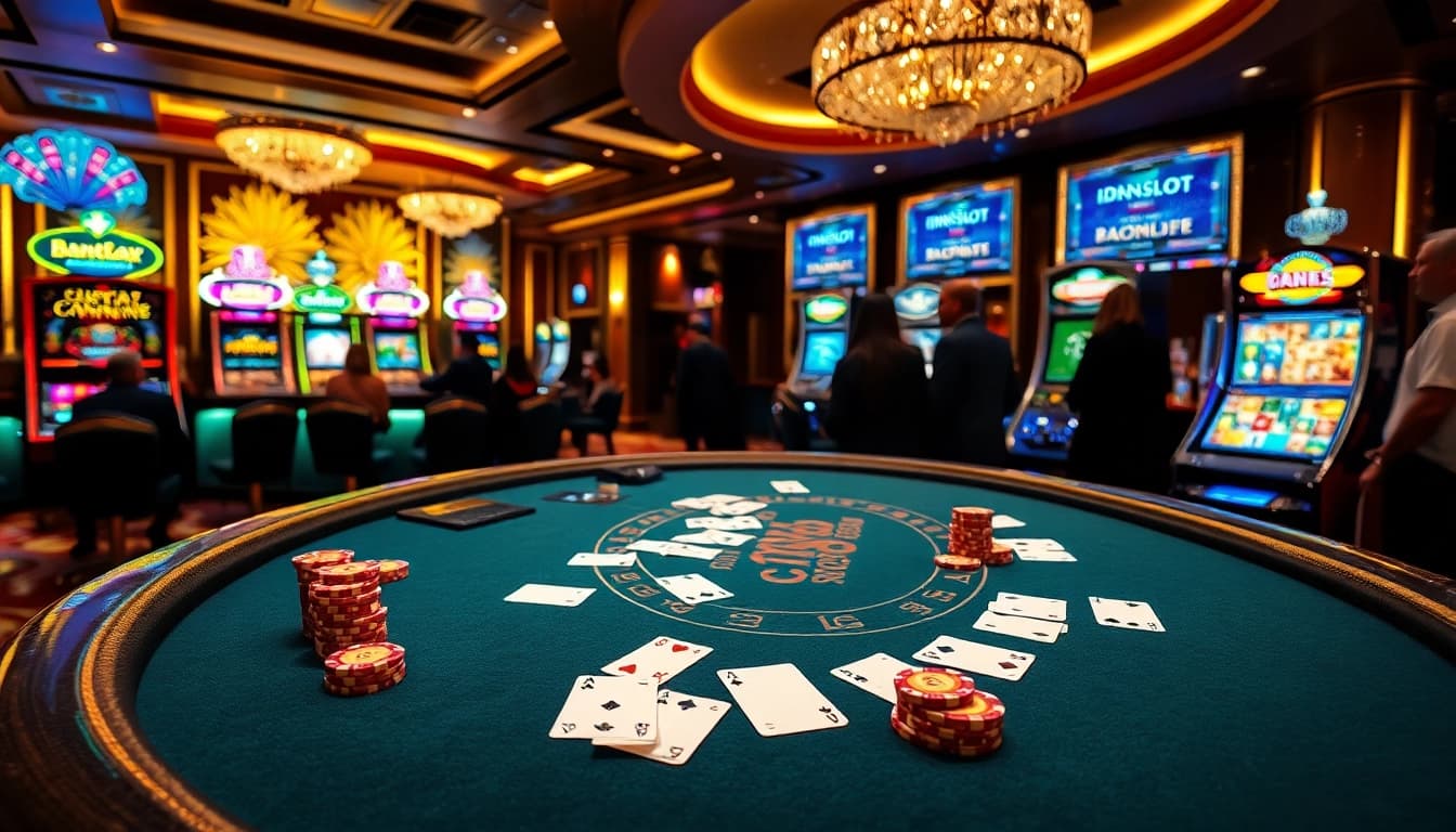 Experience thrilling idnslot action at a luxurious casino table with vibrant chips and cards.