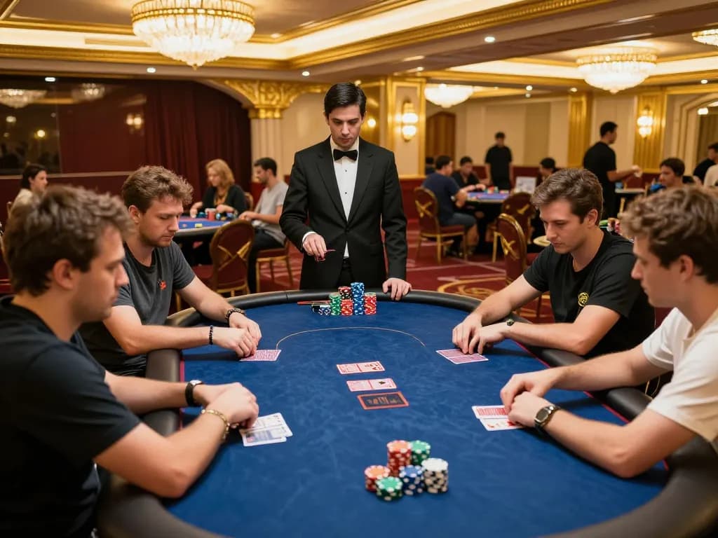 TT88 poker game in upscale casino with players focused on strategy and dealer managing bets.