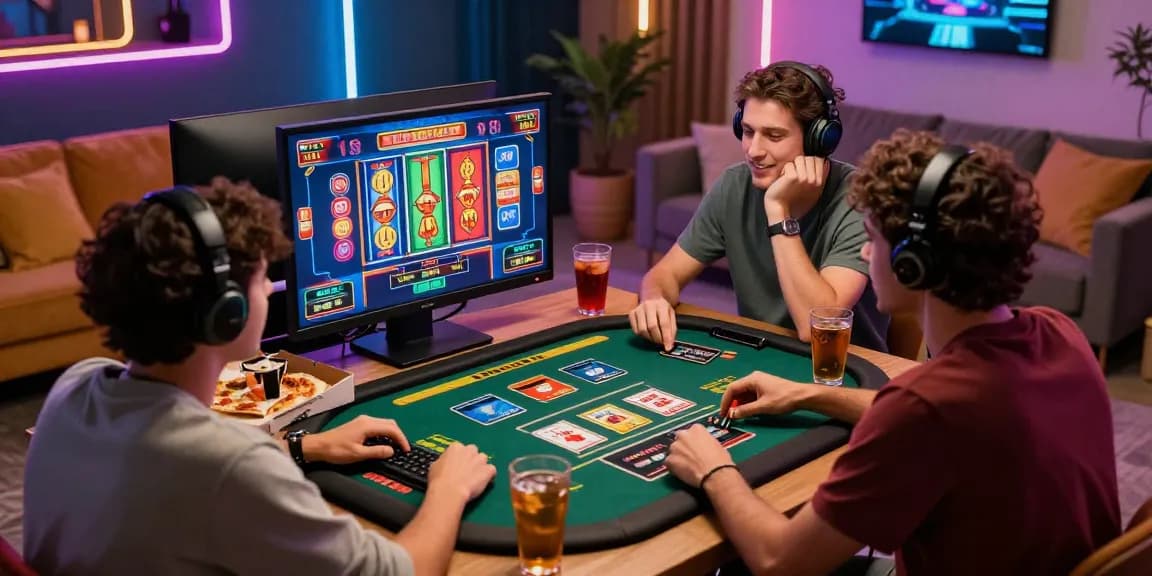 Friends enjoying an exciting gaming session at credit card casinos at https://dea.org.uk with vibrant graphics and credit cards.