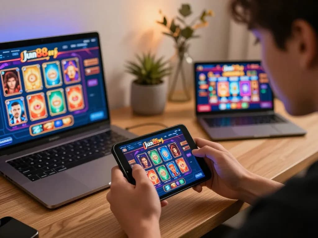 Engaging player using jun88 phiên bản 1 mobile app, showcasing exciting online casino interface and home gaming setup