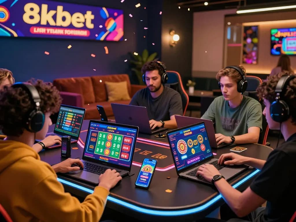 8kbet online gambling scene with diverse gamers enjoying a modern gaming experience, highlighting live betting and casino games.