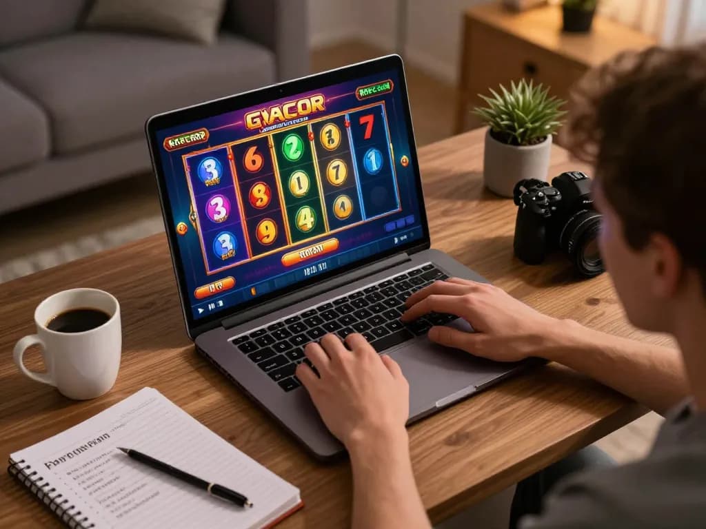 Engaging in slot gacor gameplay at home with vibrant graphics on laptop screen and cozy ambiance.