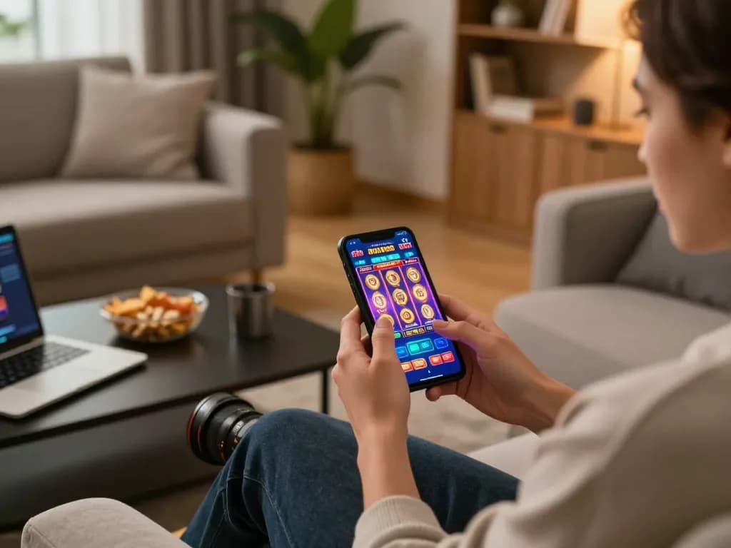 Engaging with a mobile gaming app at home, showcasing https://shbetac.co for an inviting casino experience.