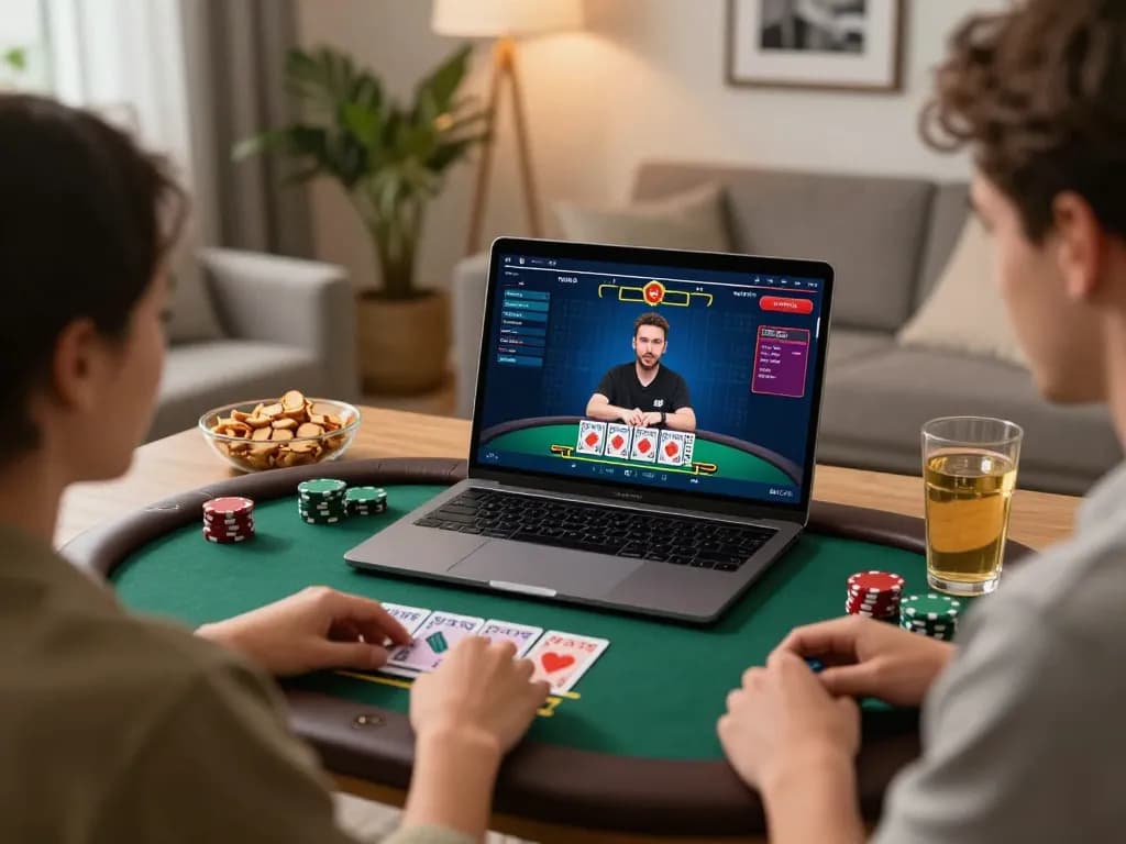 Engaged player at online USA casinos blackjack, showcasing home gaming setup and vibrant atmosphere.