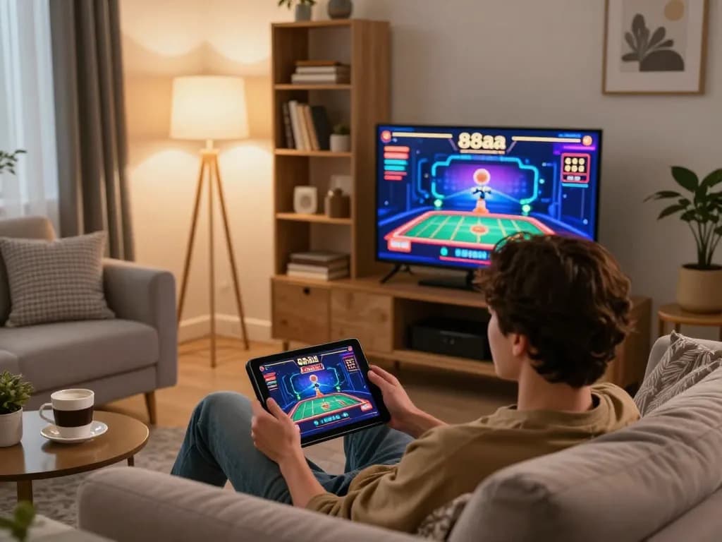 Player engaging with 88aa online casino app on tablet in a cozy home setting, highlighting responsible gaming.