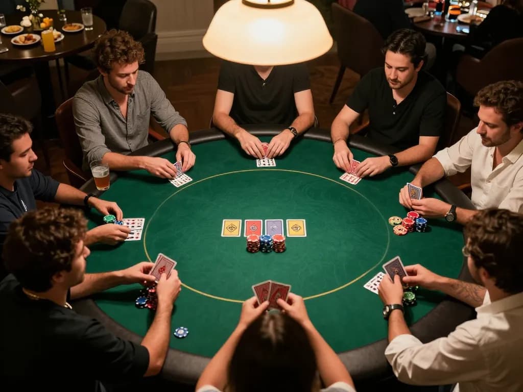 F8BET players strategizing their next move during an exciting home poker game night