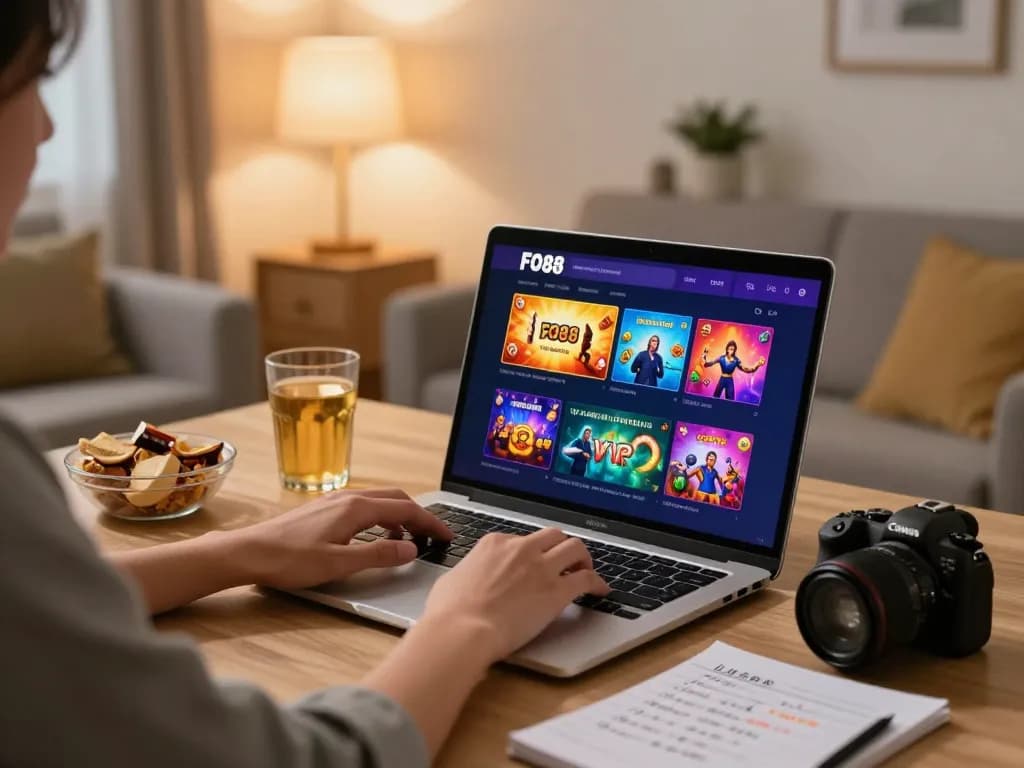 Player engaging with the FO88 online casino while surrounded by strategy notes and snacks at home