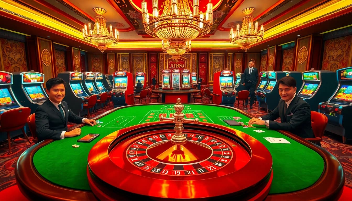 Xin88 players enjoying roulette and slot machines in a vibrant casino environment.