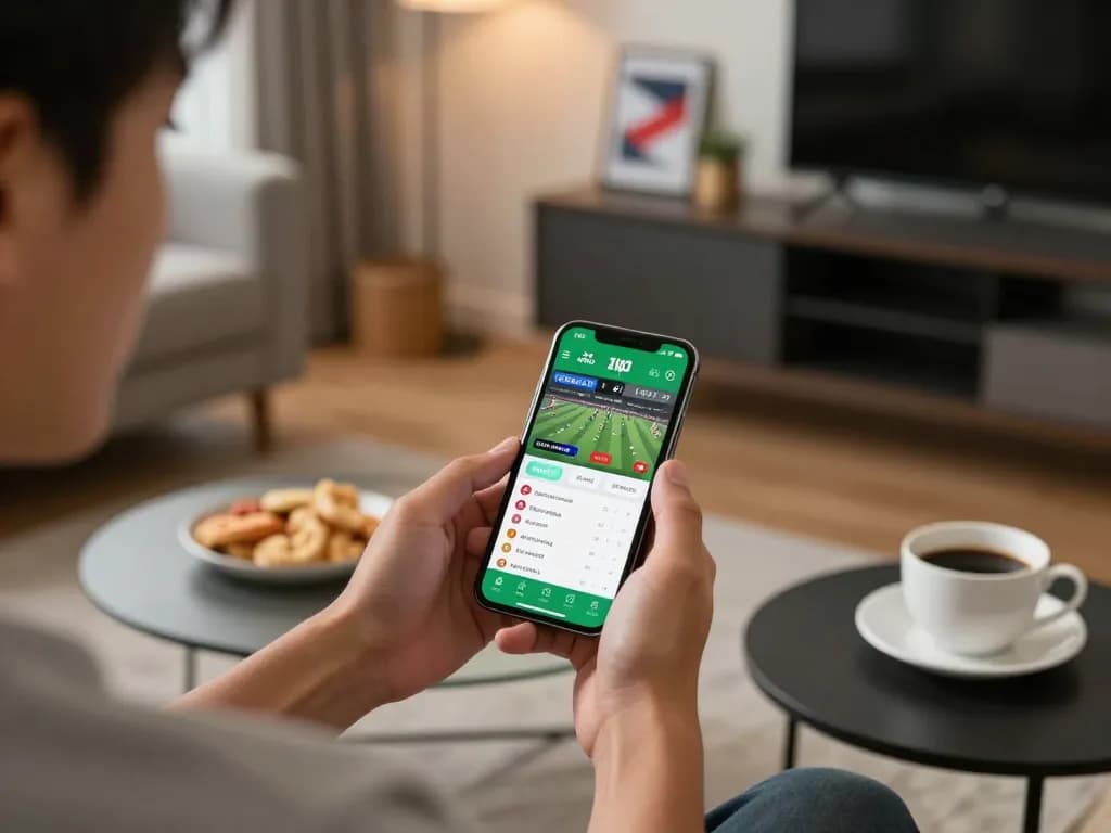Soi kèo app displayed on smartphone during an exciting sports betting moment in a cozy home setting.