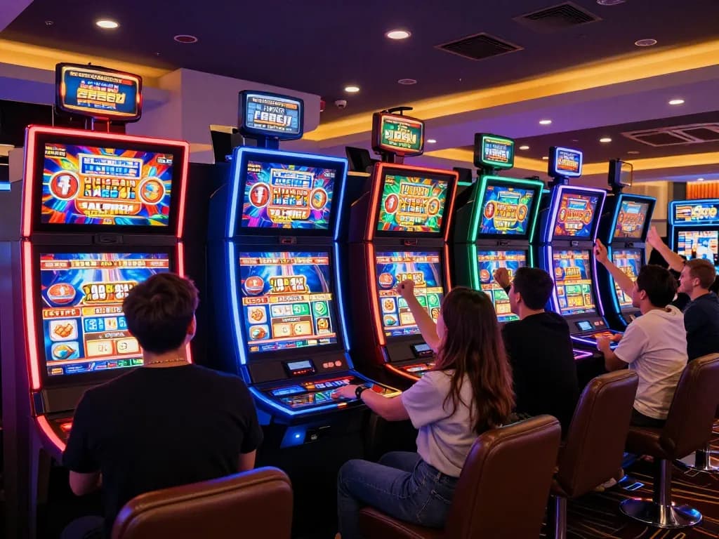 Players enjoying exciting slot machine games at 789win.com with vibrant displays and lively atmosphere.