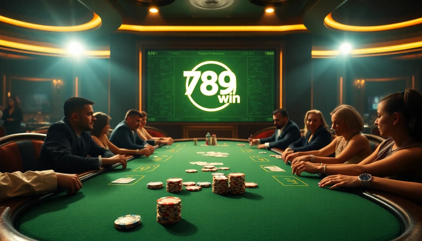The app 789win enhances your gambling experience at a vibrant poker table with players and chips.