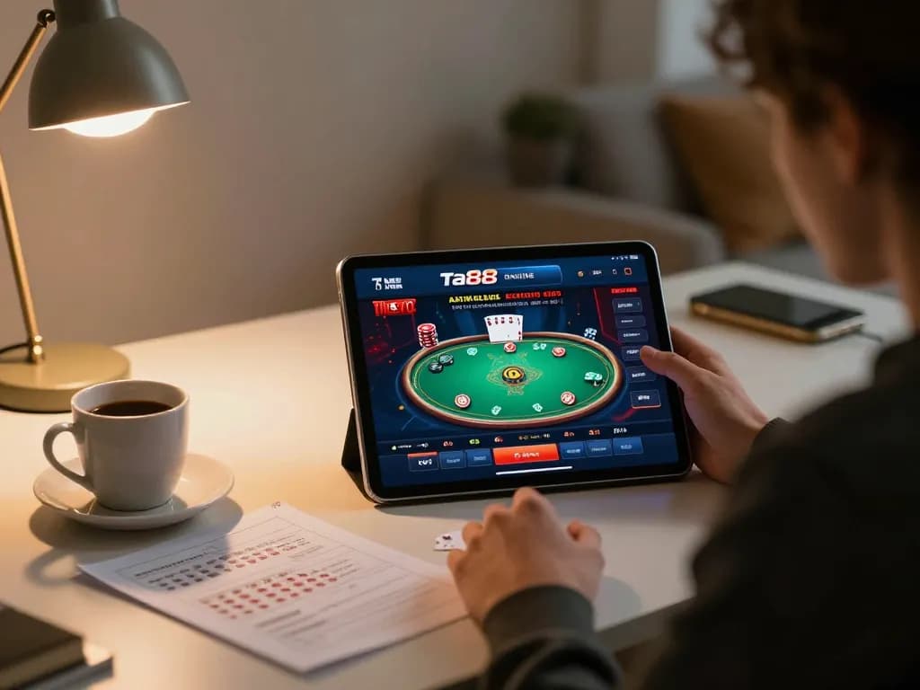 Player engaged in ta88 online casino gameplay, showing poker interface on tablet in a cozy home setting.