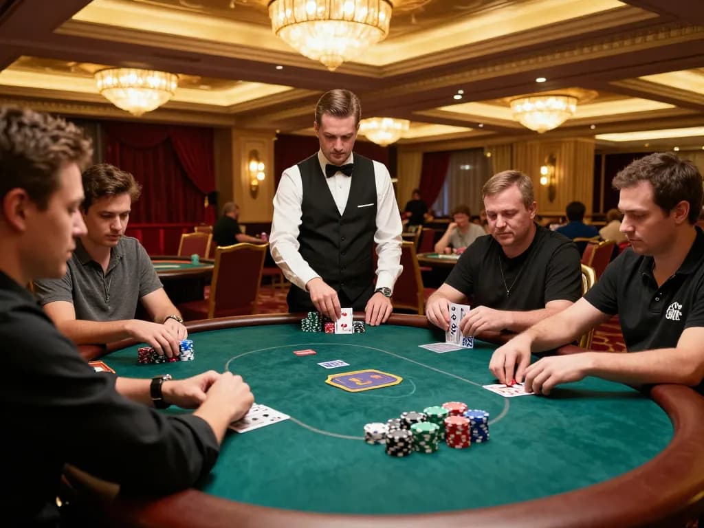 Players engaged in a strategic poker game at BK8, showcasing intense gameplay and luxurious casino vibes.