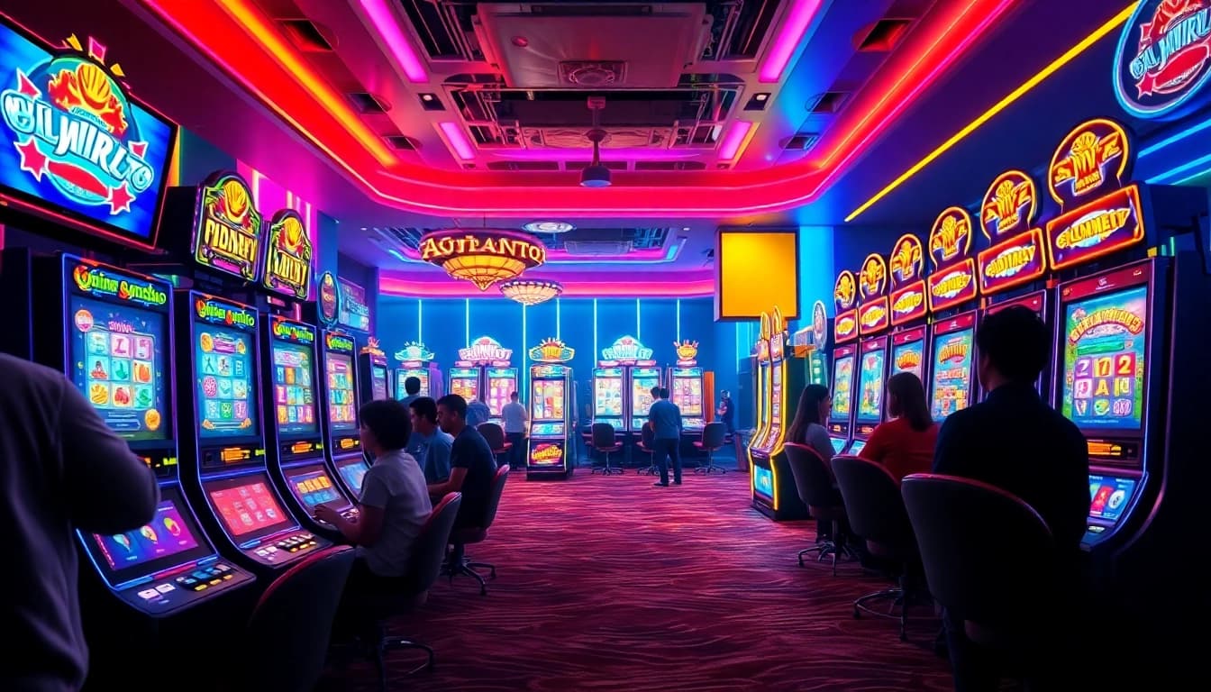 Asupantoto online gaming scene with vibrant slot machines and excited players.