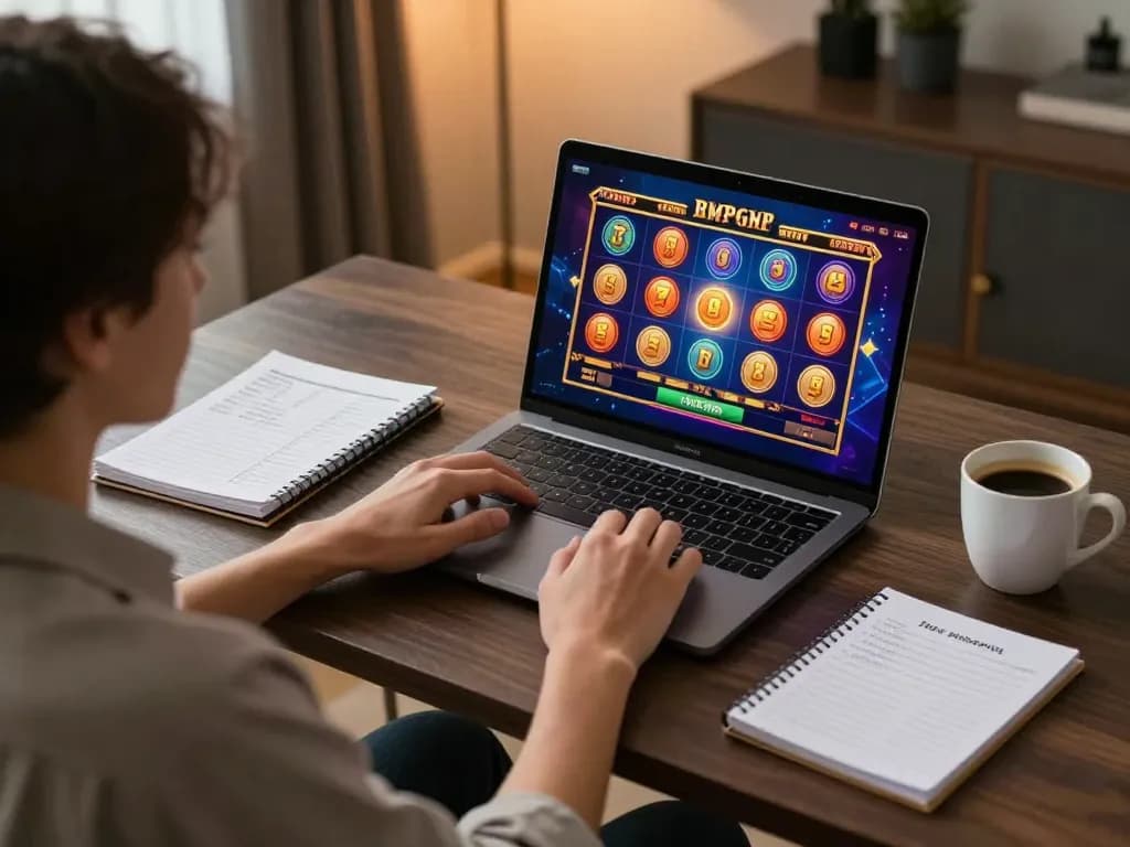 Play thrilling online slot games at Nk88 com from a cozy home setup with strategic gaming notes.