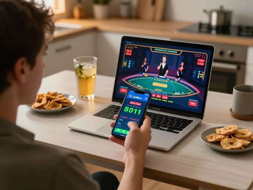 Placing bets on the Jeetbuzz 88 app from home, showcasing live dealer excitement.