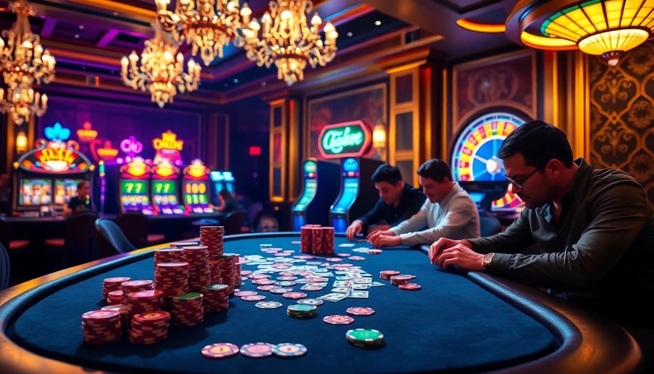 Kuwin casino scene showcasing poker excitement with vibrant chips and cards.