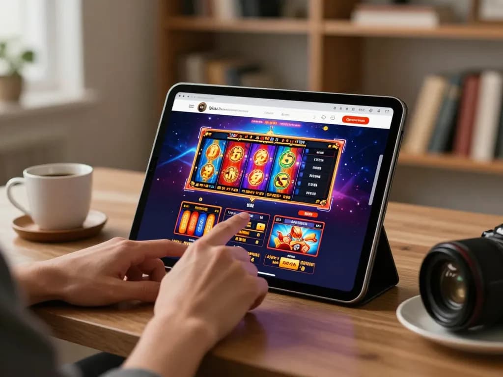Casino player engaged with vibrant slot games on a tablet in a cozy home office