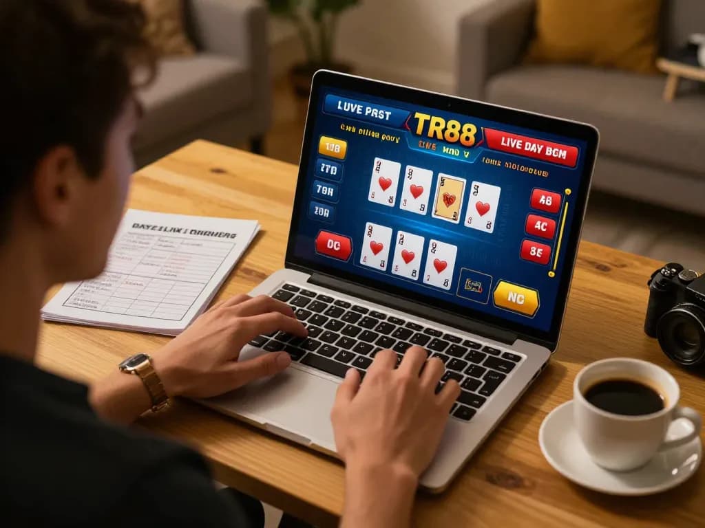 Player enjoying TR88's live dealer blackjack on laptop with focused strategy in cozy home setting