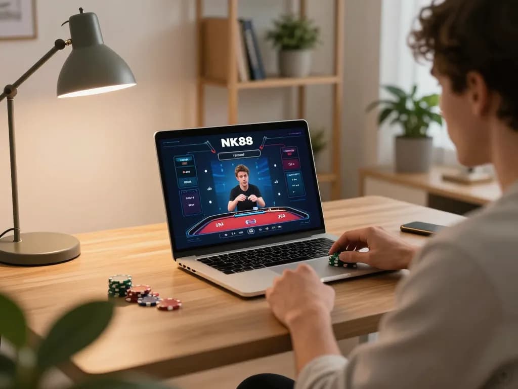 Engaging in NK88 casino gameplay on a laptop, analyzing strategies with poker chips nearby