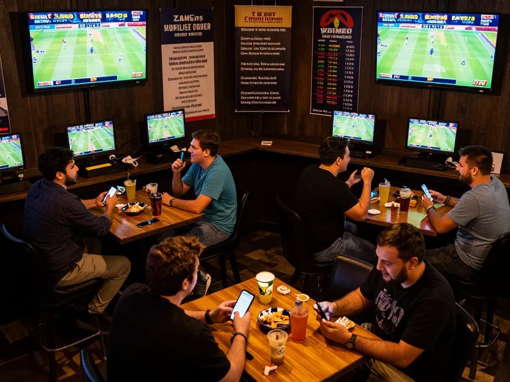 Engaged bettors analyzing odds while enjoying a lively sports bar atmosphere for nhan dinh keo nha cai