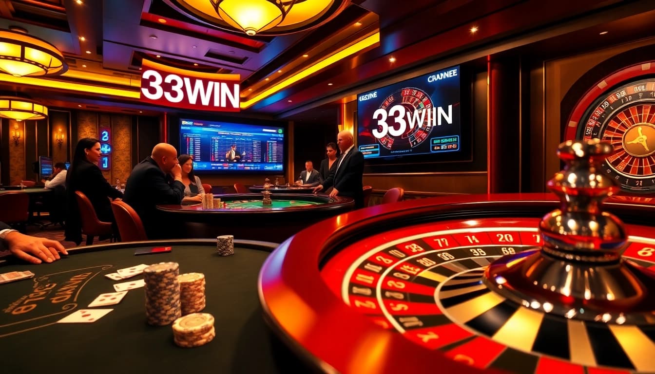 Bet on success at 33WIN with elegant casino games featuring poker chips, roulette wheels, and players.