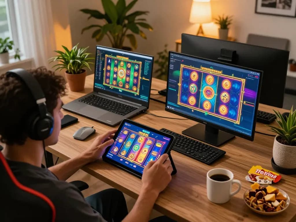 Player enjoying a colorful B52 slot game on multiple devices at home