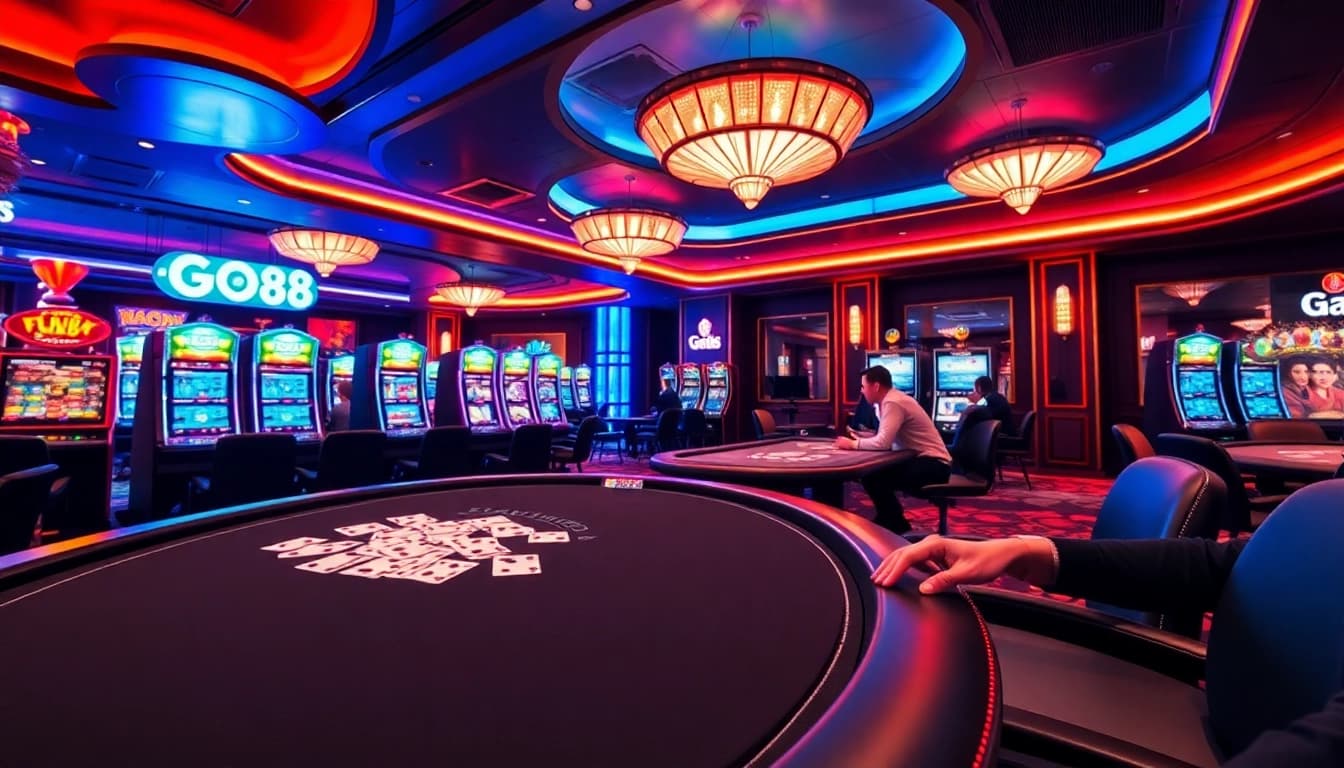 A dynamic scene showcasing excitement at Nhà Cái GO88 with players at a vibrant poker table and flashing slot machines.