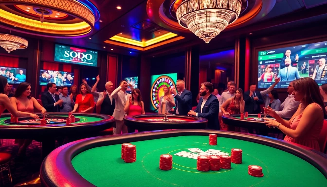 SODO Casino players engaging in a thrilling game of poker at a luxurious table with vibrant chips and cards.