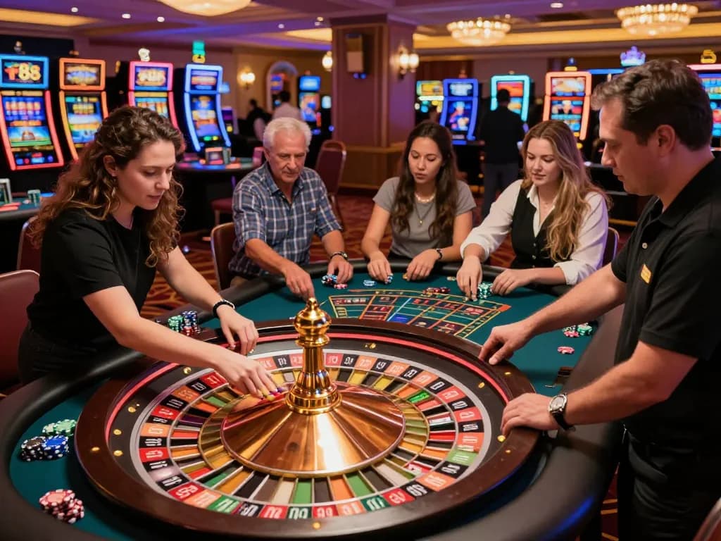 Players engaging at the roulette table at tr88 casino, vibrant scene capturing the excitement of betting and winning.