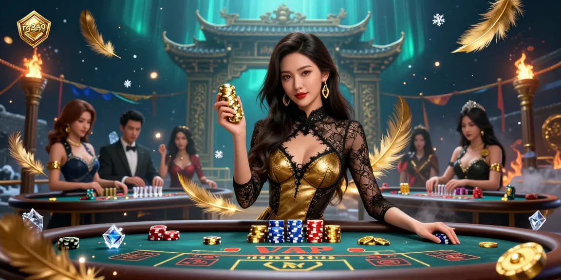 Experience high-stakes baccarat at rg8369 with glamorous Asian dealer, golden chips, and immersive atmosphere.