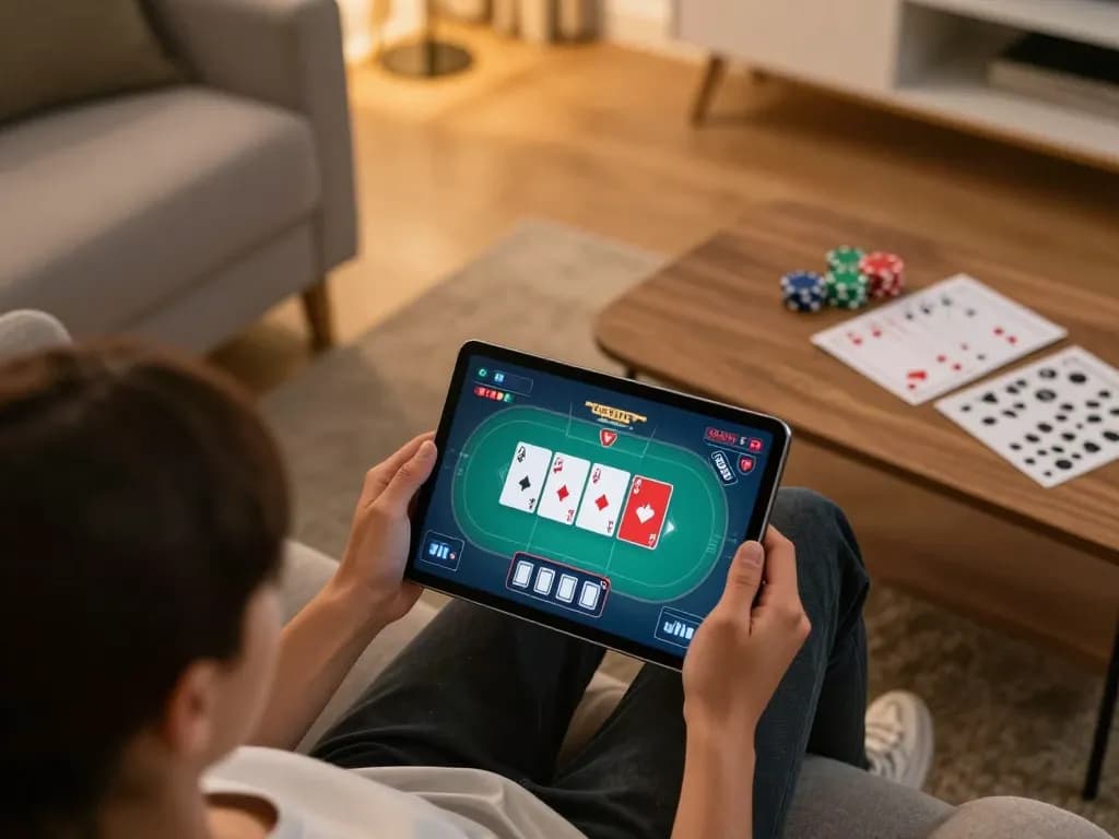 Pemain terlibat di rumah menggunakan tablet untuk permainan poker online tamilmp3plus, menampilkan suasana permainan yang menarik