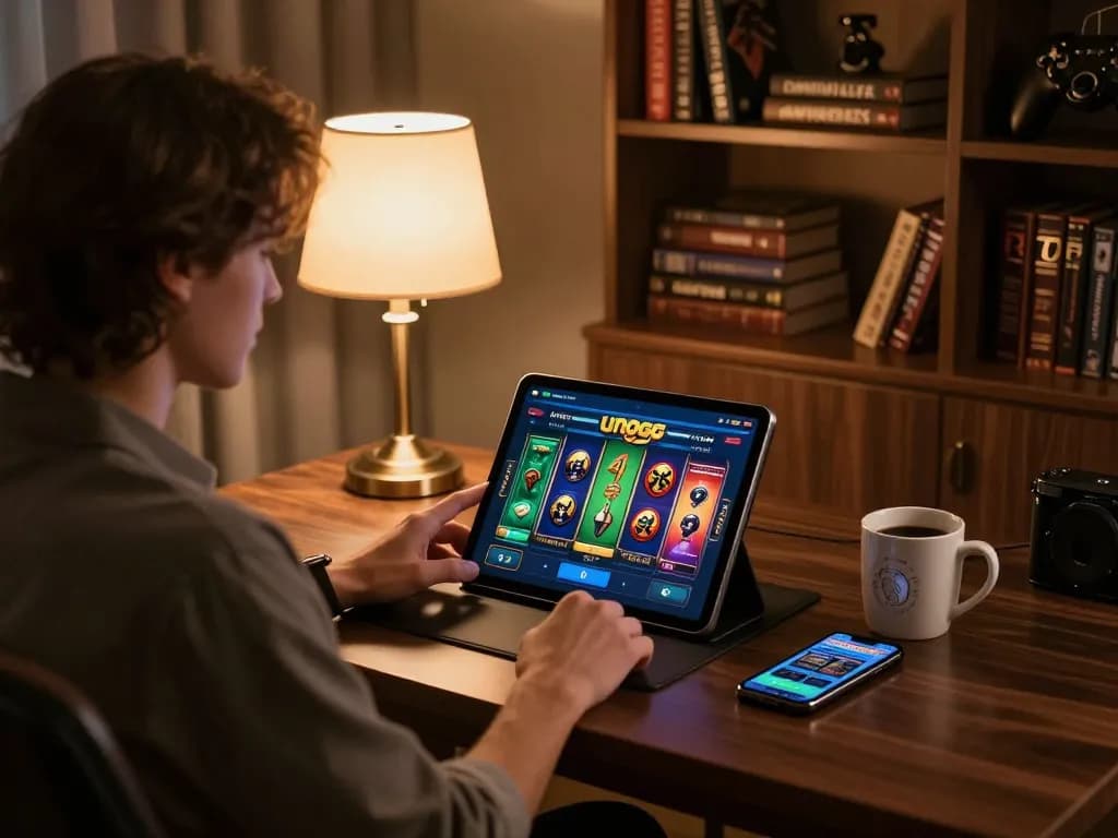 Engaging with unogg slot on a tablet in a stylish home gaming setup, showcasing online gambling.