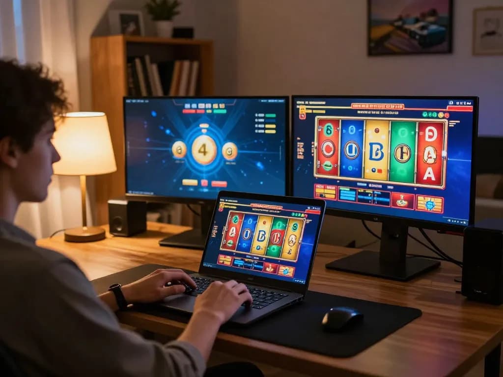 Engaging in link gacor slot gameplay at home with lively interface and cozy atmosphere.