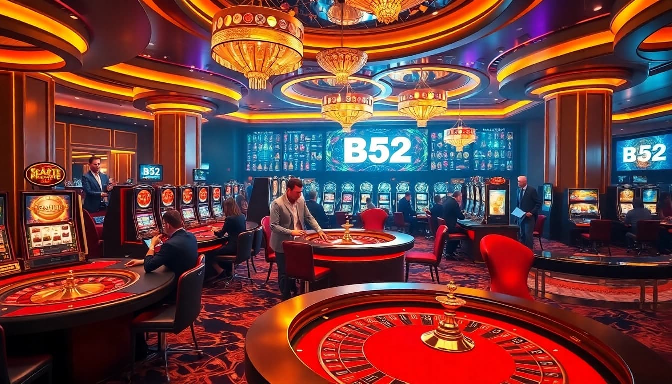 B52 casino players enjoying thrilling roulette and poker games in a sophisticated setting.